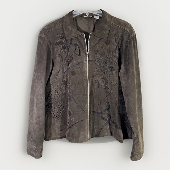 Chico's WOMENS Brown Leather Embroidered Lined Full Zip Coat Jacket SIZE 3 - Picture 1 of 6